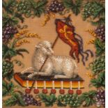 A Victorian beadwork panel depicting the Lamb of God, labels with provenance verso,