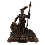 A large cast iron door stop depicting a Highlander in traditional dress, carrying a pike,