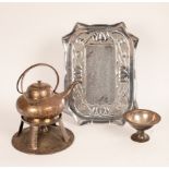 A plated copper tray, hammered effect to the centre with spade/tulip motif and crimped corners,