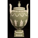 A Wedgwood sage jasper two-handled vase and cover, the oviform body sprigged with Classical figures,