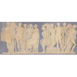 A Wedgwood blue jasperware plaque, sprigged with a scene with Roman soldiers, impressed mark,