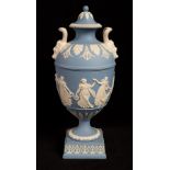 A Wedgwood pale blue jasper two-handled vase and cover with Bacchic mask handles,