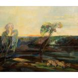 Alba Malm Dahlqvist (1897-1986)/Sheep Grazing by a Lake/signed/oil on canvas,