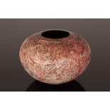 Philip Evans (born 1959), thrown spherical vessel, textured red and white glaze, tenmoku interior,