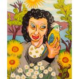 Michael R Tandy (born 1942)/Portrait of a Lady/holding a parrot and surrounded by flowers/dated