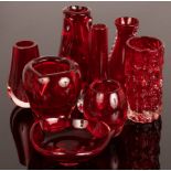 Seven Whitefriars red glass vases,