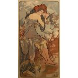 After Alphonse Mucha/Summer/original Parisian Gallery label verso/woven silk panel, 55cm x 34.