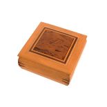 A Contemporary Canadian wooden jewellery casket inlaid a burr panel to the lid and decorative