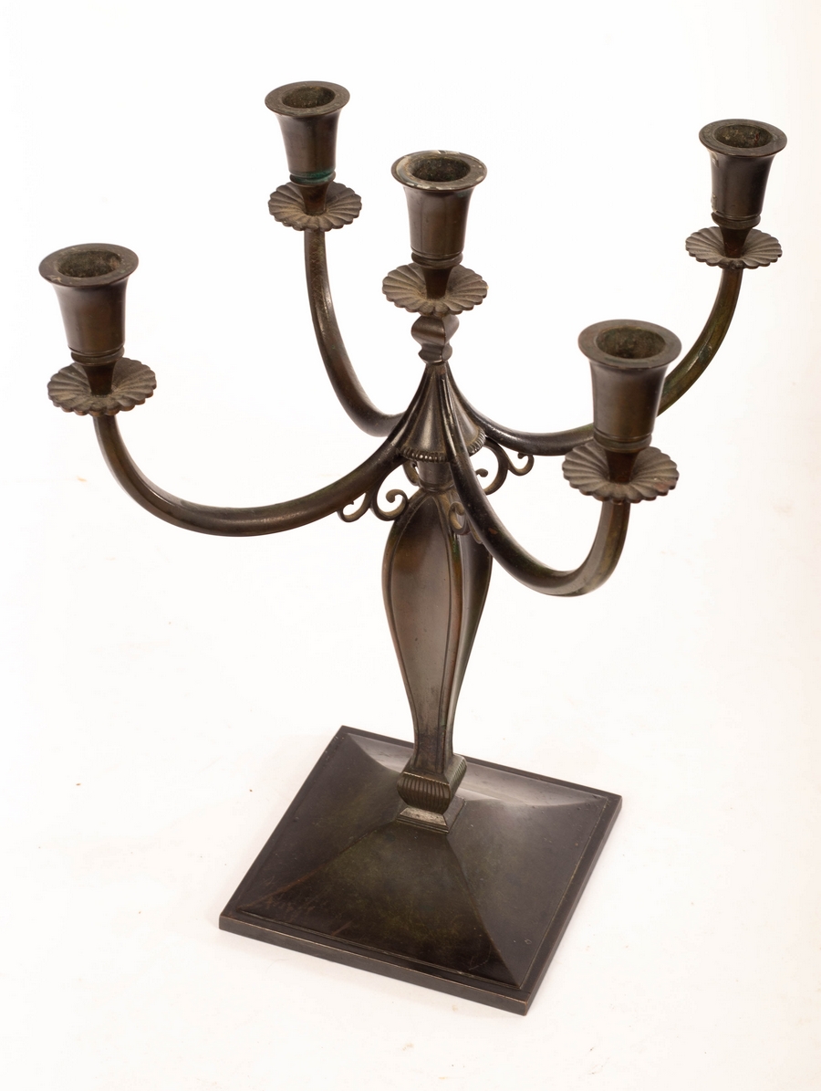 An Art Deco style bronze five-light candelabrum, impressed marks for Just, Denmark, - Image 2 of 2