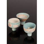 Sarah Jenkins (Contemporary), three small turquoise, pink and white sgraffito vessels,