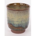 20th Century Japanese School, pottery yunomi, with dripped blue/green glaze, 8.