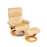 An Ekornes Stressless cream leather upholstered armchair and footstool CONDITION REPORT: