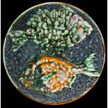 Tony Morris for Poole Studios, circular charger decorated two fish, painted monogram and dated 1999,