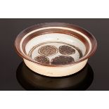 Mary Rich (1940-2022), small shallow stoneware bowl, with circle patterns to interior, seal mark,