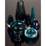 Five Whitefriars blue glass vases and three bowls,