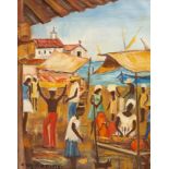 Gabriela Dantes (born 1914)/Fiera Sao Joaquim, Salvador, Brazil/harbour scene with market, figures,