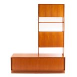 G Plan, a teak shelving unit in two sections, red sticker, 152.