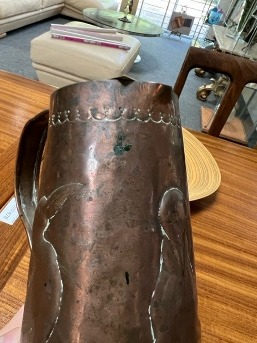 Style of Newlyn, an Arts & Crafts copper jug of tapering form, embossed penguins, - Image 6 of 12