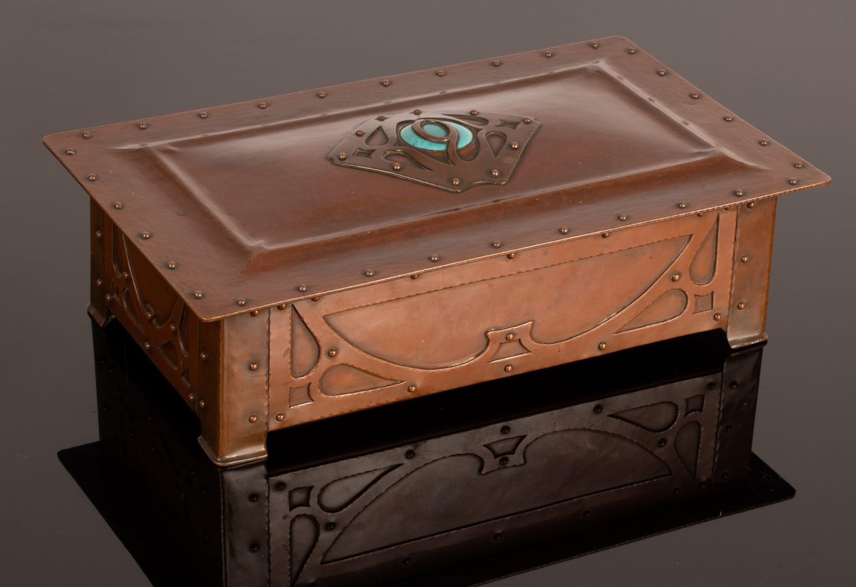 Attributed to A E Jones (1878-1954) possibly for Liberty & Co, an Arts & Crafts copper jewel casket,