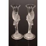 Igor Carl Faberge, a pair of Snow Dove glass candlesticks, the frosted stem in the form of a dove,