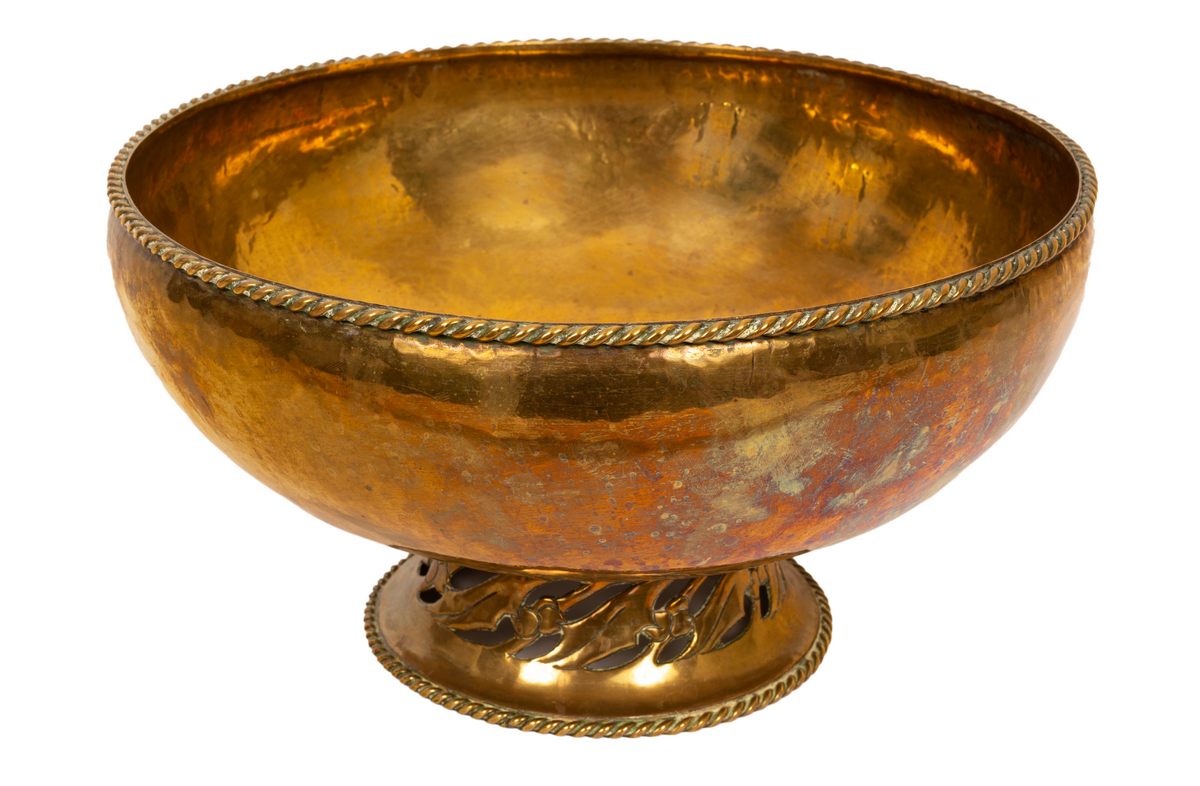 Hugh Wallis, a brass pedestal bowl, with rope twist edge, repeat pierced design to pedestal,