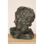 A contemporary plaster bust of a Classical youth, painted to resemble verdigris, indistinct stamp,