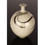 Derek Clarkson (1928-2013), porcelain bottle vase, celadon glaze with green and iron decoration,