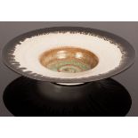 Peter Wills (born 1955), large footed porcelain bowl with wide rim, speckled white tin glaze,