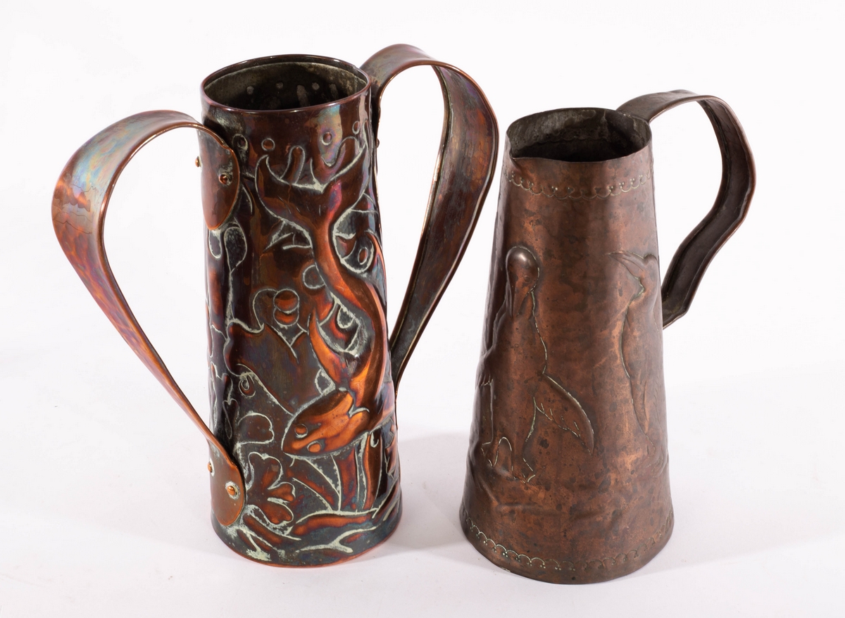 Style of Newlyn, an Arts & Crafts copper jug of tapering form, embossed penguins, - Image 5 of 12