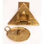 An Arts & Crafts brass triangular wall sconce with heart decoration,
