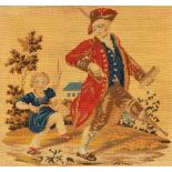 A Victoria gros point needlework panel depicting a veteran soldier with a wooden leg teaching a
