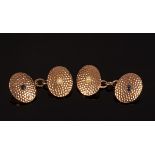 A pair of 9ct gold oval cufflinks with a central sapphire and pearl, on a chain link, boxed,