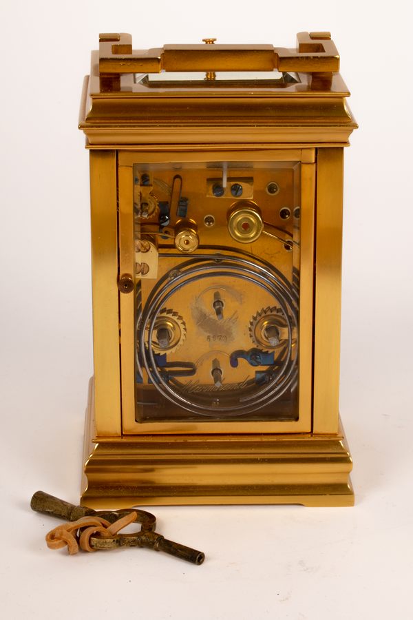 A gilt brass eight-day carriage alarm clock, half-hour repeat, hour strike, - Image 2 of 2