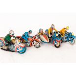 Four tinplate motorcycles, one with side-car,