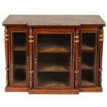 An Empire breakfront mahogany side cabinet with grey marble top,