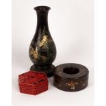 Three 19th/20th Century Chinese lacquered items including a black baluster-shape vase on stand,