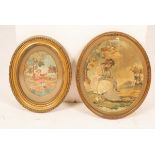 A 19th Century needlework picture, boy holding a bird beside a stream, oval,