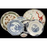 Seven Chinese porcelain plates,18th & 19th Century, mainly blue and white and famille rose,