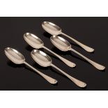 Five Queen Anne rat tail pattern silver spoons, London 1706,