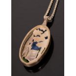 A silver and enamel oval pendant, EAW, London 1981, depicting a church,