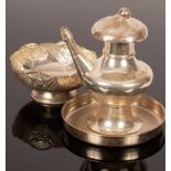 An Indian white metal coffee pot, 23cm high, a white metal bowl marked silver, 17.