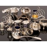 Victorian and later silver including condiments, toast racks, sauce boat, egg cup, mustard pots,