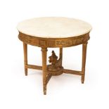 A French 19th Century circular centre table, the shaped circular marble top with moulded border,