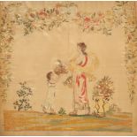 A Georgian needlework picture, the flower seller, with small child within a wreath type surround,