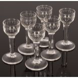 Six 18th Century cordial glasses with cut bowls and drawn stems,