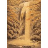 A Japanese embroidered panel depicting a waterfall,