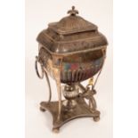 A Regency old Sheffield plate tea urn, of rectangular half-ribbed form with lion mask ring handles,