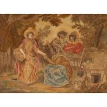 A 19th Century needlework picture depicting a fortune seller with other figures and children beside