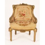 A late 19th Century fauteuil, the cresting with rams head terminations,