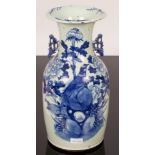 Early 20th Century Chinese blue and white vase, twin butterfly handles,